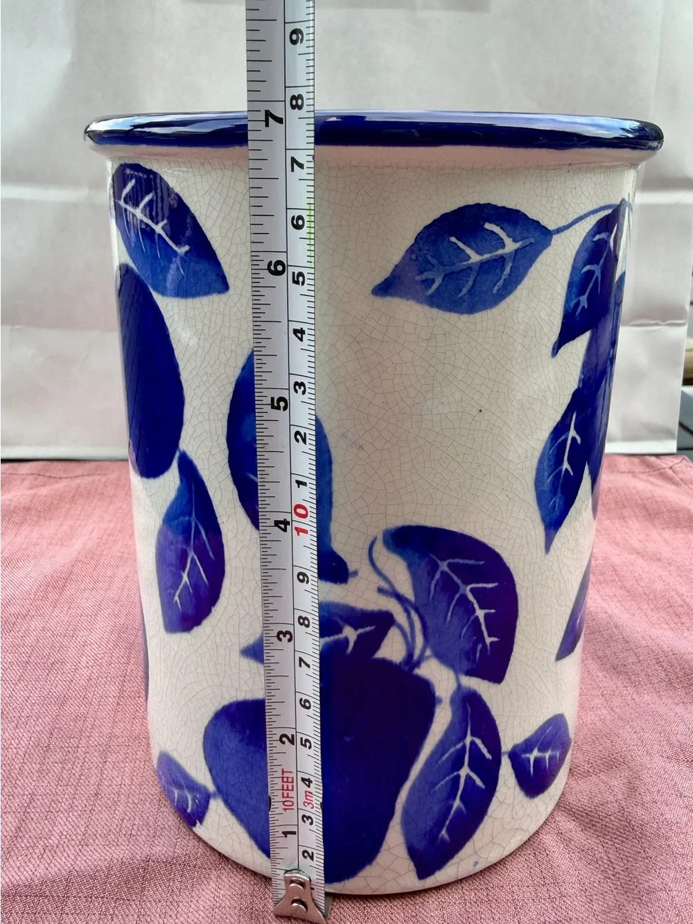 Crate&Barrel Blue and Cream Ceramic Utensil Holder with Fruit Motif